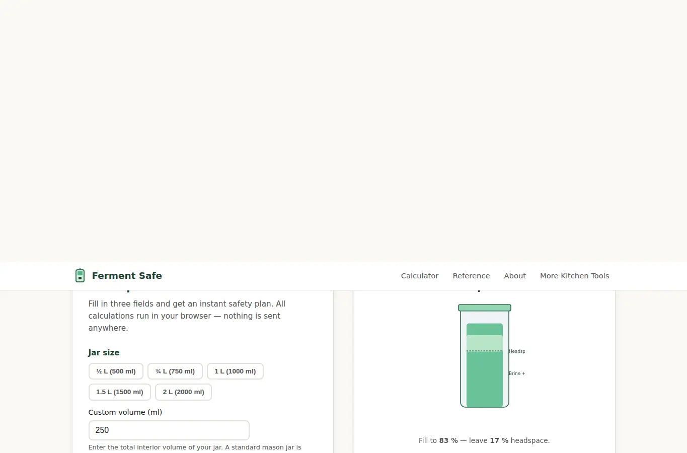 Screenshot of Ferment Safe — Headspace Calculator for Home Fermentation interface showing the project page in use